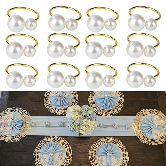Jiaroutk Set of 12 Pearl Gold Napkin Rings, Round Metal Napkin Holders for Wedding, Christmas, Thanksgiving, Birthday Party Table Decor