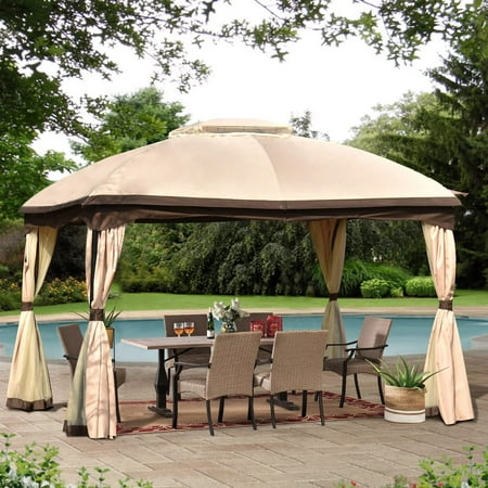 10' x 12' Patio Gazebo with Mosquito Netting and Curtain, Outdoor Canopy Tent with Sidewalls, Gazebo Tent with Double Soft Roofs for Backyard Deck Lawn and Garden, Khaki