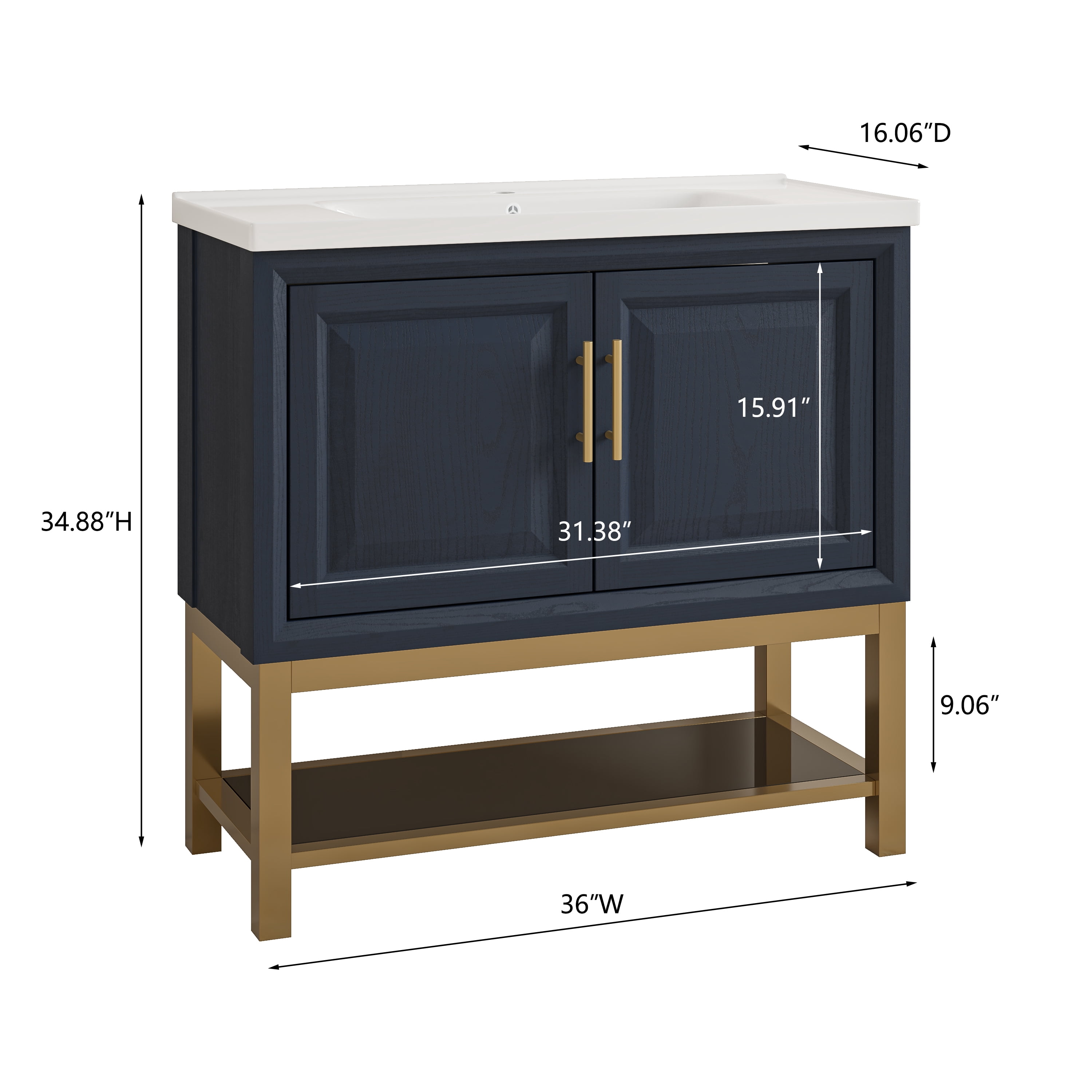 JoyRiver 36" Freestanding Bathroom Vanity with Ceramic Basin, Double-Door Storage & GRC Moisture-Resistant Material – No Faucet, Blue
