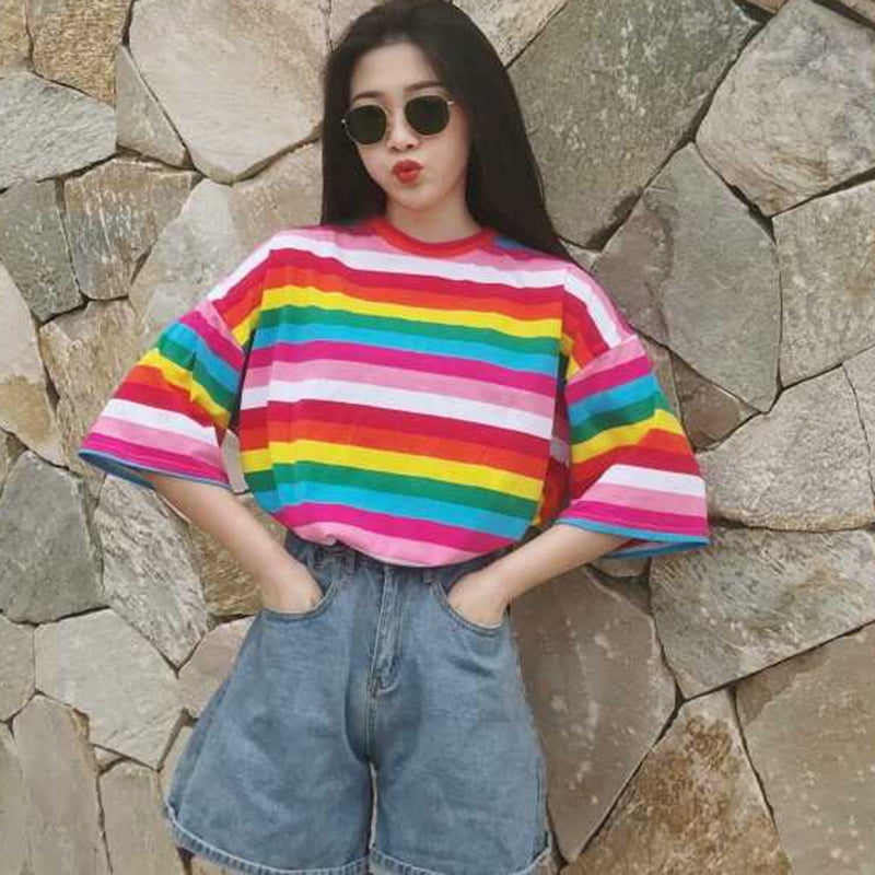 Rainbow color striped t shirt Clearance