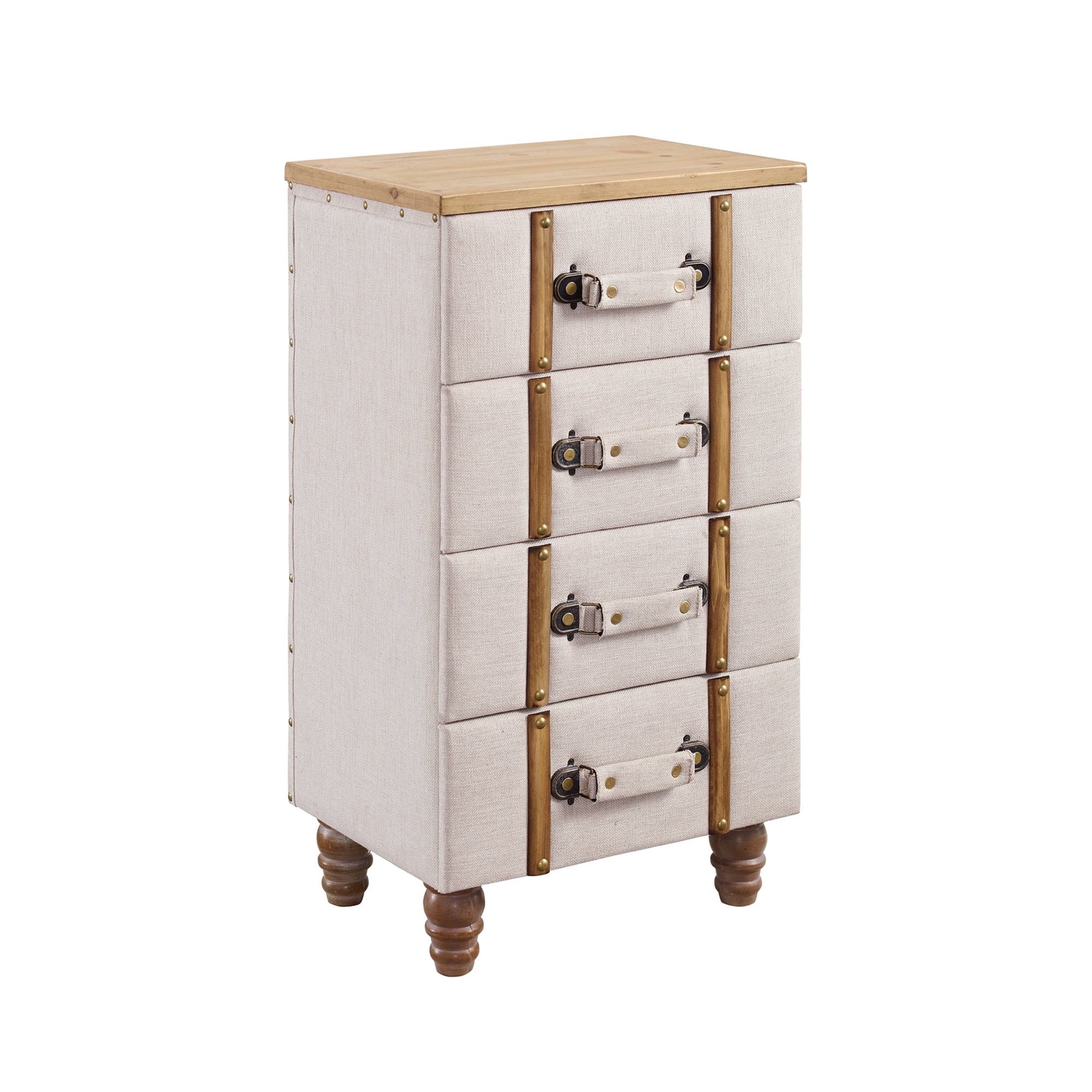 Padded Wood and Fabric Chest with 4 Drawers, Cream and Brown