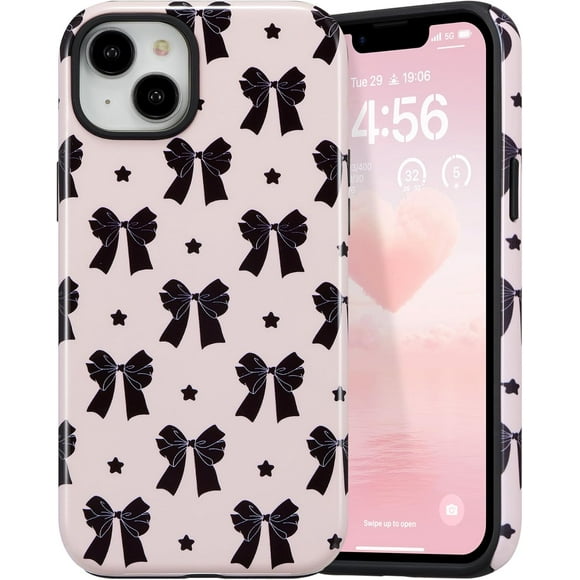 TEMOGU-Case for iPhone 13/iPhone 14, Cute Pink Bow Star Print Aesthetic Trendy Pattern for Women Girls Slim Durable Bumper Shockproof for iPhone 13/iPhone 14 Case, Star/Glossy