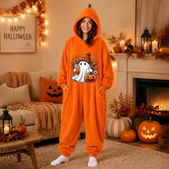 Plush Pumpkin Onesie Jumpsuit, Cartoon Ghost Print Plush Pumpkin Onesie Jumpsuit, Full Body Coral Fleece Halloween One Piece Costume With 3D Stem Hood, Multiple Cute Ghost Graphic Loungewear, Beige L