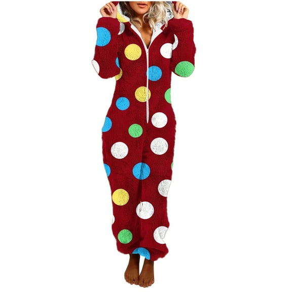 Women's Printed Fleece Onesie Pajamas - Hooded Zipper Romper with Pockets (Polka Dots/Stripes/Grids), Soft Sherpa Warm Winter Loungewear Sleepwear