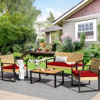 Alpha Joy 4 Piece Wicker Outdoor Patio Conversation Set, Yellow & Red