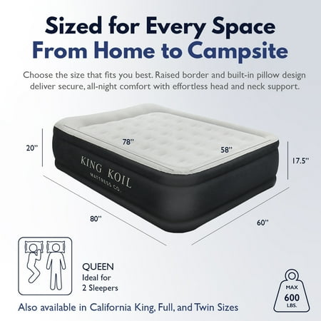 King Koil Luxury Air Mattress Queen with Built in Pump, Integrated Premium Pillow Inflatable Airbed for Guests, Camping & Home (Manufacturer Warranty)