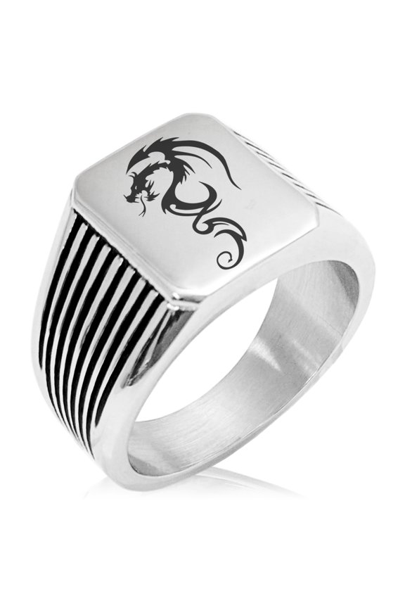 Stainless Steel Shadow Dragon Needle Stripe Pattern Biker Style Polished Ring