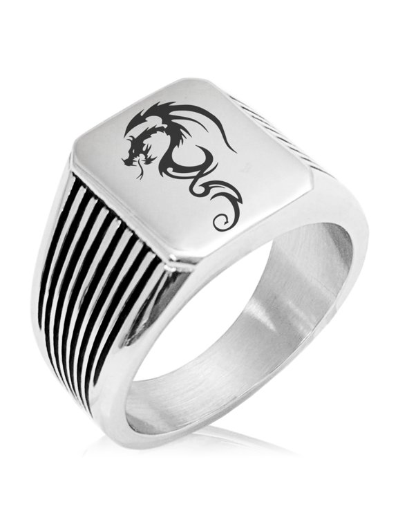 Stainless Steel Shadow Dragon Needle Stripe Pattern Biker Style Polished Ring
