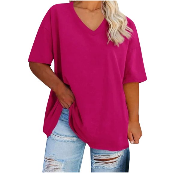 Oksale Oversized Tshirts for Women Cute Loose Short Sleeve Basic Tees Casual V Neck Summer Tops Soft Comfy Lightweight Cotton T Shirts Hot Pink M