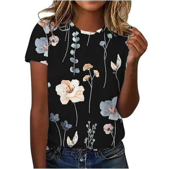 Dyegold T Shirts For Women Loose Fit Short Sleeve Round Neck Floral Print Graphic Tee Tops Summer Casual Vintage Blouses