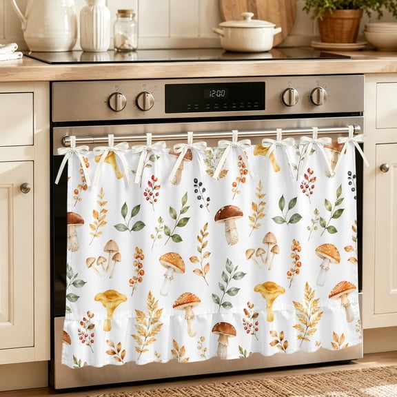Oven Skirt Curtain for Kitchen 24x32 Inch, Mushroom Leaves Oven Curtain with 8 Ribbon Ties & Ruffle Trim, Stove Skirt Curtain Dishwasher for Cabinets Over Sinks Autumn Botanical Seasonal Plants Leaf
