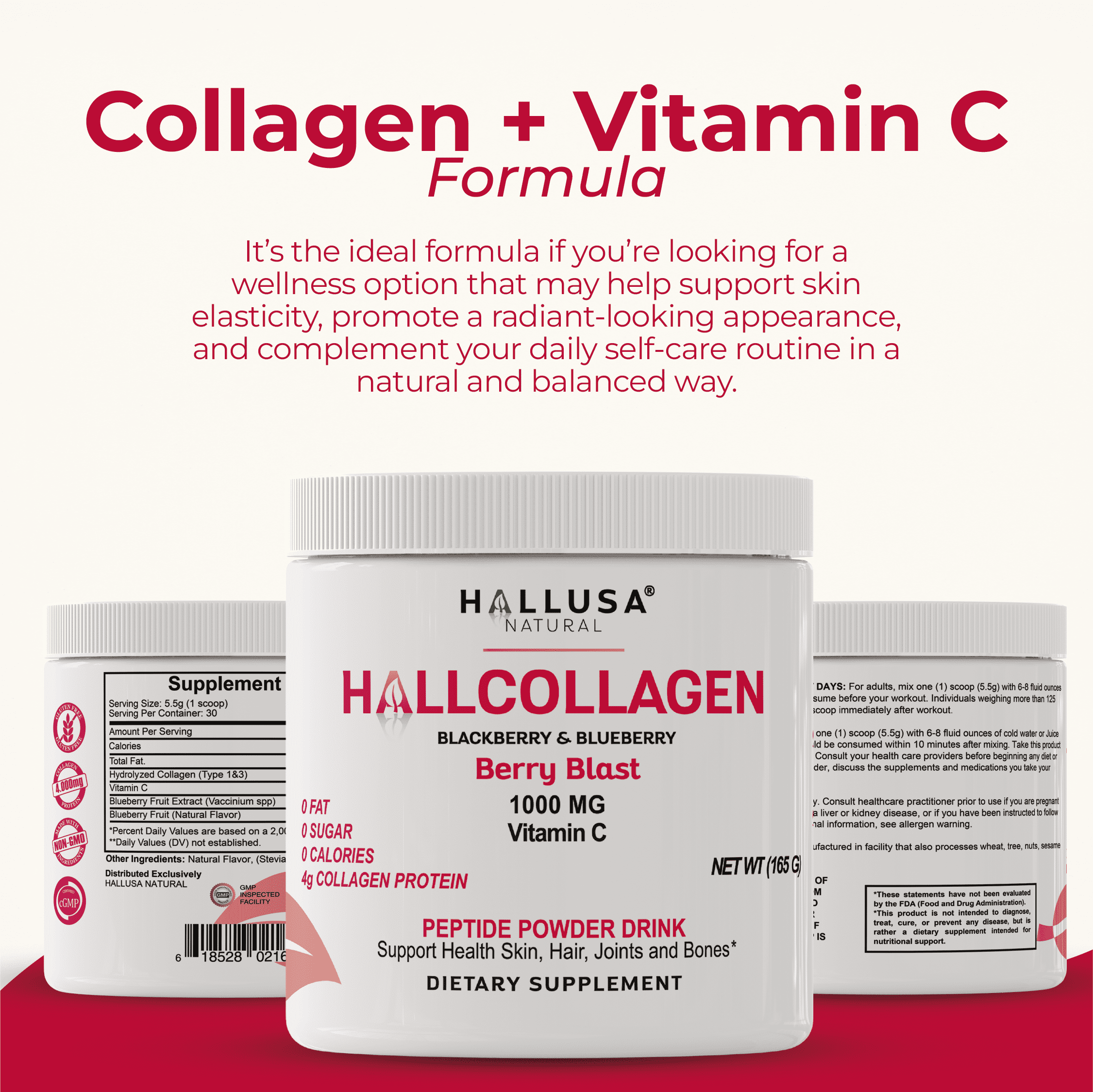 HALLUSA NATURAL Hydrolyzed Collagen Powder with Vitamin C for Skin Hair Joints Bones 30 Servings