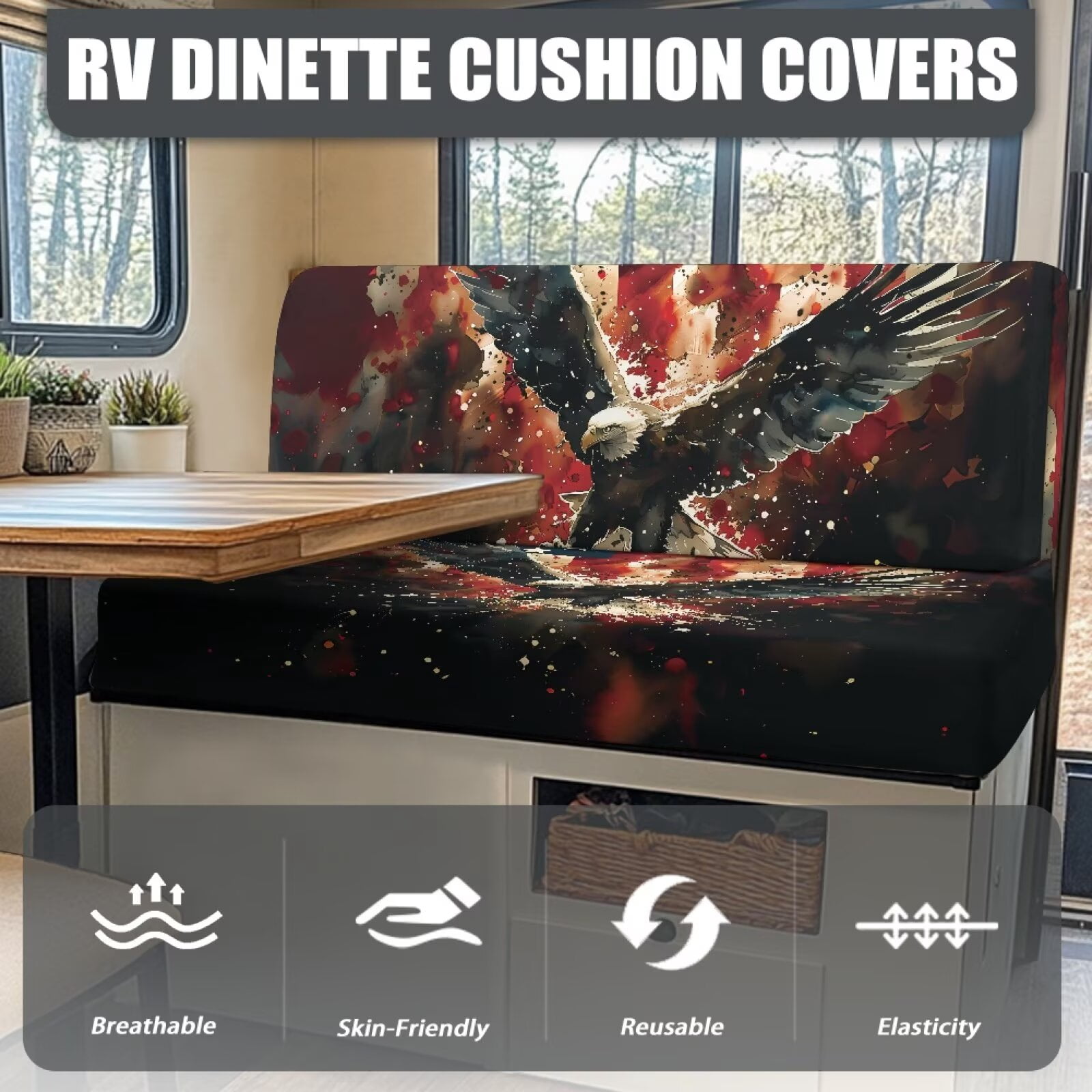 XYZCANDO Bald Eagle RV Dinette Cushions Stylish Camper Decor Washable Furniture Covers Comfortable Sofa Covers for 2 Cushion Couch Stretchable Slipcovers for Loveseat Black