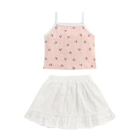 

Suanret Infant Baby Girls Summer Outfits Floral Print Sleeveless Sling Tank Tops + Elastic Waist Lace Skirt Set Pink 12-18 Months