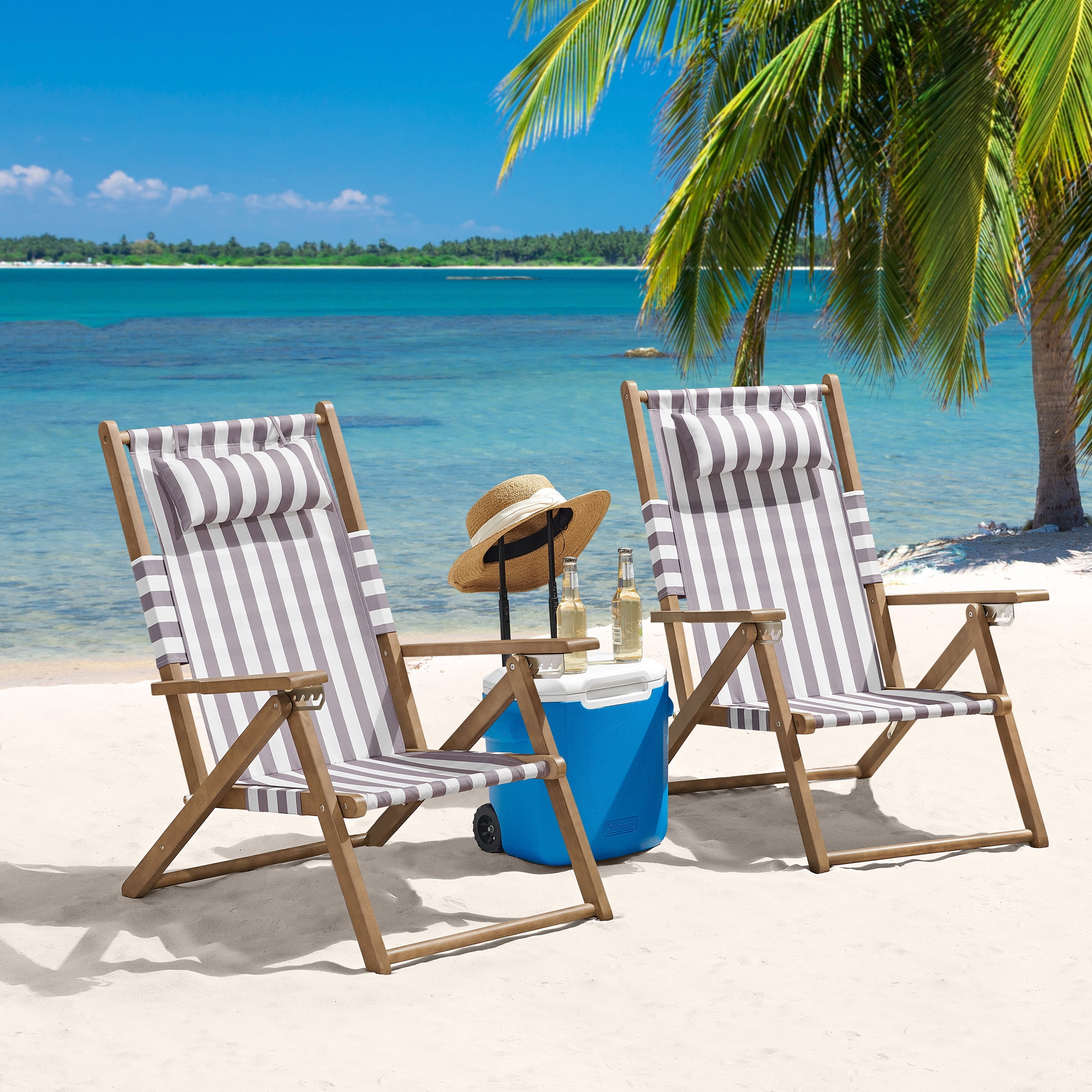 Lavish Home Set of 2 Folding Beach Chairs – 4-Position Recliners with Carry Straps, Brown Stripe