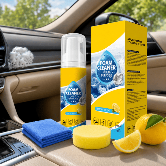 Multi Purpose Foaming Cleaner for Car Interior Surfaces Dashboard Seat Carpet Kitchen and Door Panel Cleaning Foam Lemon Scent Cleaning Kit with Microfiber Cloth and Sponge 150ml