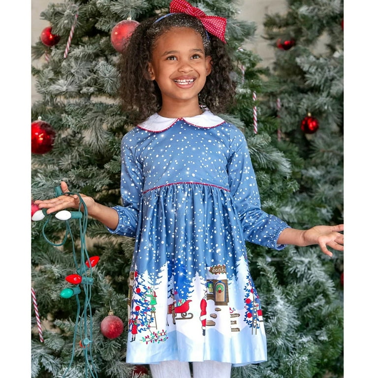 Youmylove Dresses for Girls Toddler Baby Kids Girls Peter Pan Collar Christmas Santa Print Bow Princess Dresses Clothes Infant Girl s Size 18 24
