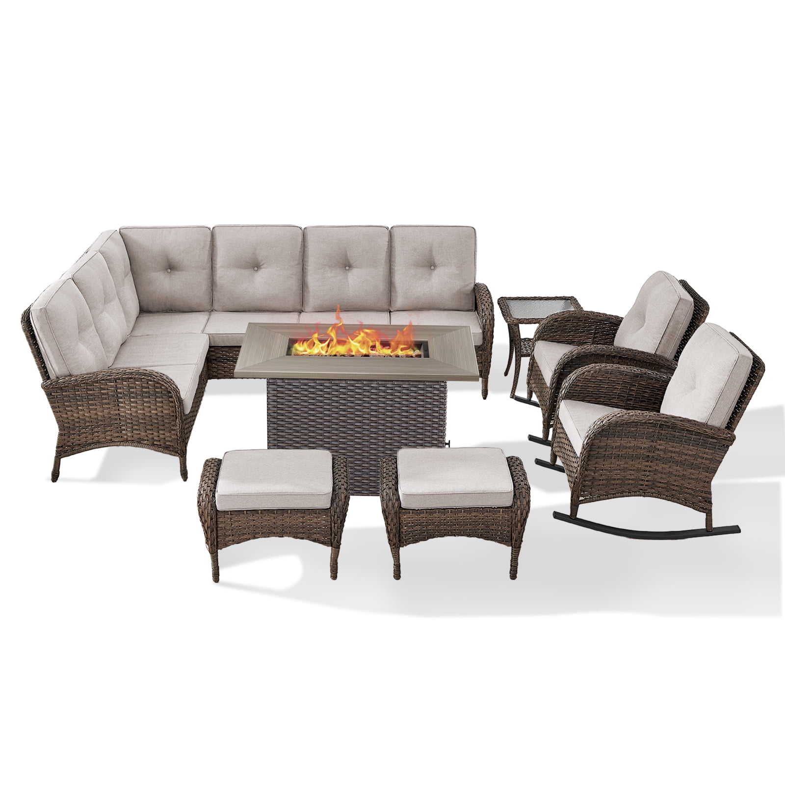 POCASSY L Shaped Patio Furniture Set with Fire Pit, 8 Pieces Outdoor Conversation Set with Ottoman Brown Wicker Patio Sectional Sofa for Deck Garden Pool in Beige