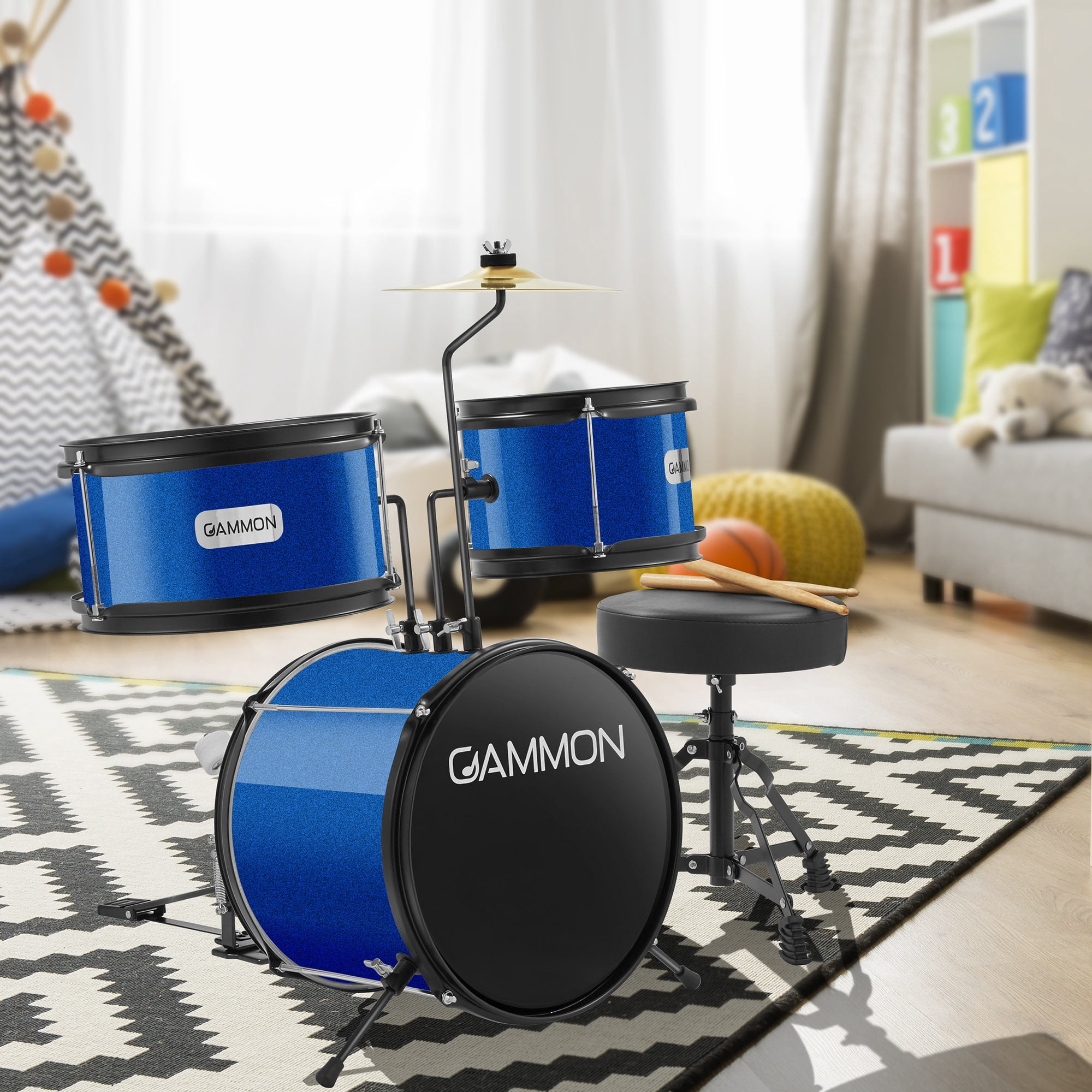 Gammon 3-Piece Junior Drum Set - Blue, Starter Drum Kit with Throne, Cymbal, and Drumsticks