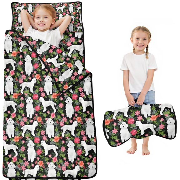 White Poodle Dog Hawaiian Floral Toddler Nap Mats for Kids Preschool,Sleeping Mat Bag or Kids,Toddler Sleeping Bag,Toddler Nap Mat or Daycare