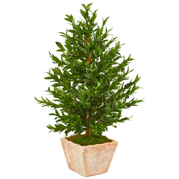 Nearly Natural 35in. Olive Cone Topiary Artificial Tree in Terra Cotta Planter UV Resistant (Indoor/Outdoor), Green