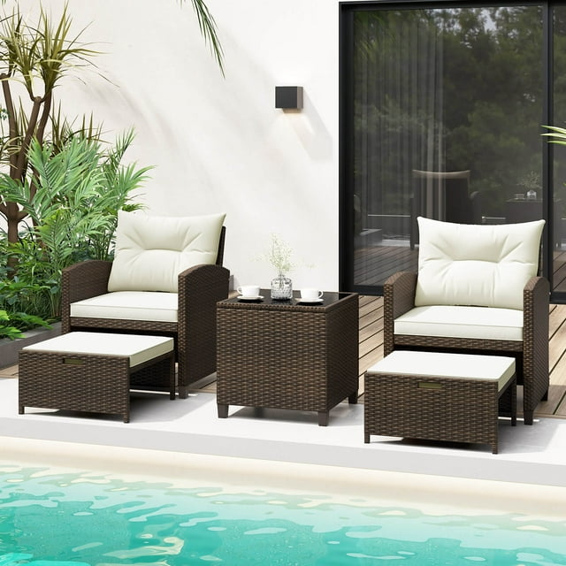 Costway 5 Piece Patio Rattan Furniture with 2 Ottomans & Tempered Glass Coffee Table Off White
