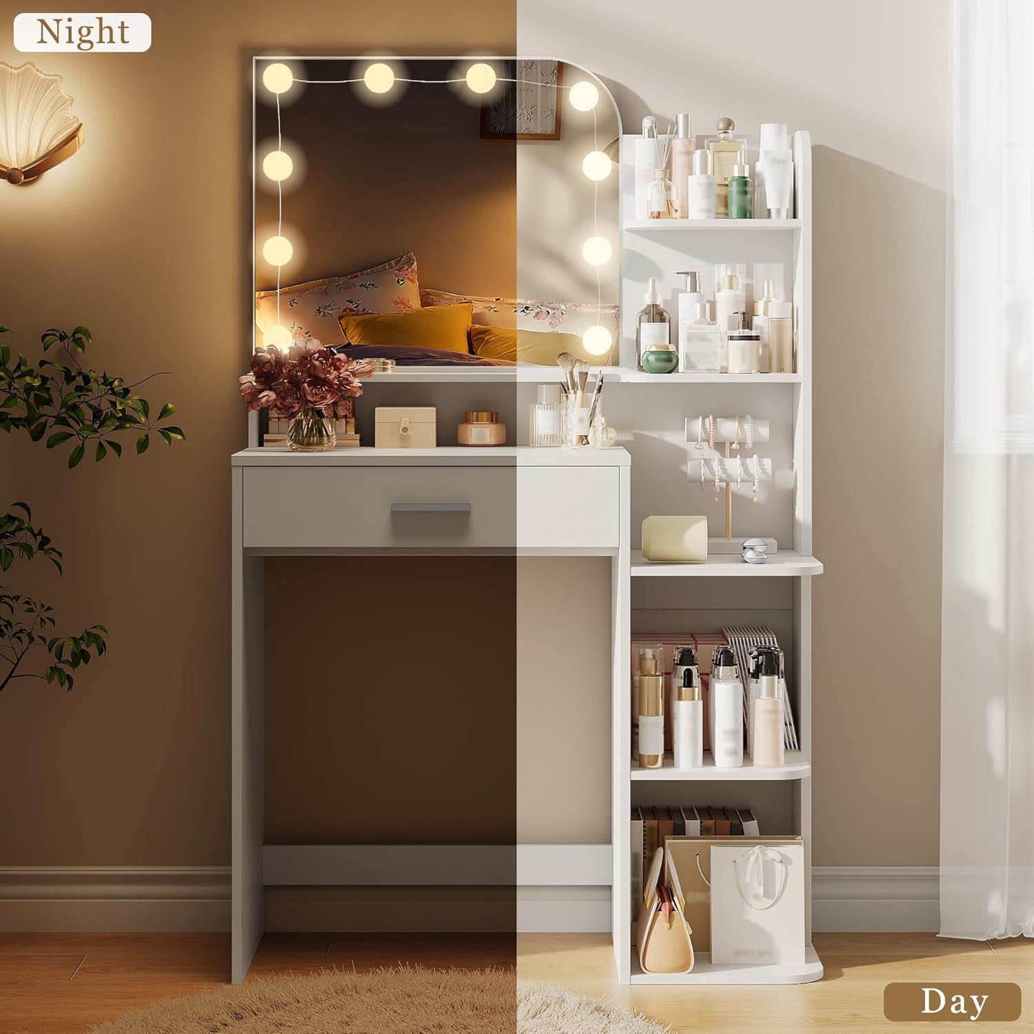 32" Makeup Vanity Desk with Mirror and Lights, 3 Lighting Colors, 5 Storage Shelves & Large Drawer, White Vanity Set for Bedroom, Girls and Women