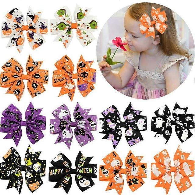12 Pcs Hair Bows Clips 3" Boutique Alligato Halloween Bow Grosgrain Ribbon Accessories For Girls Baby Toddlers Kids