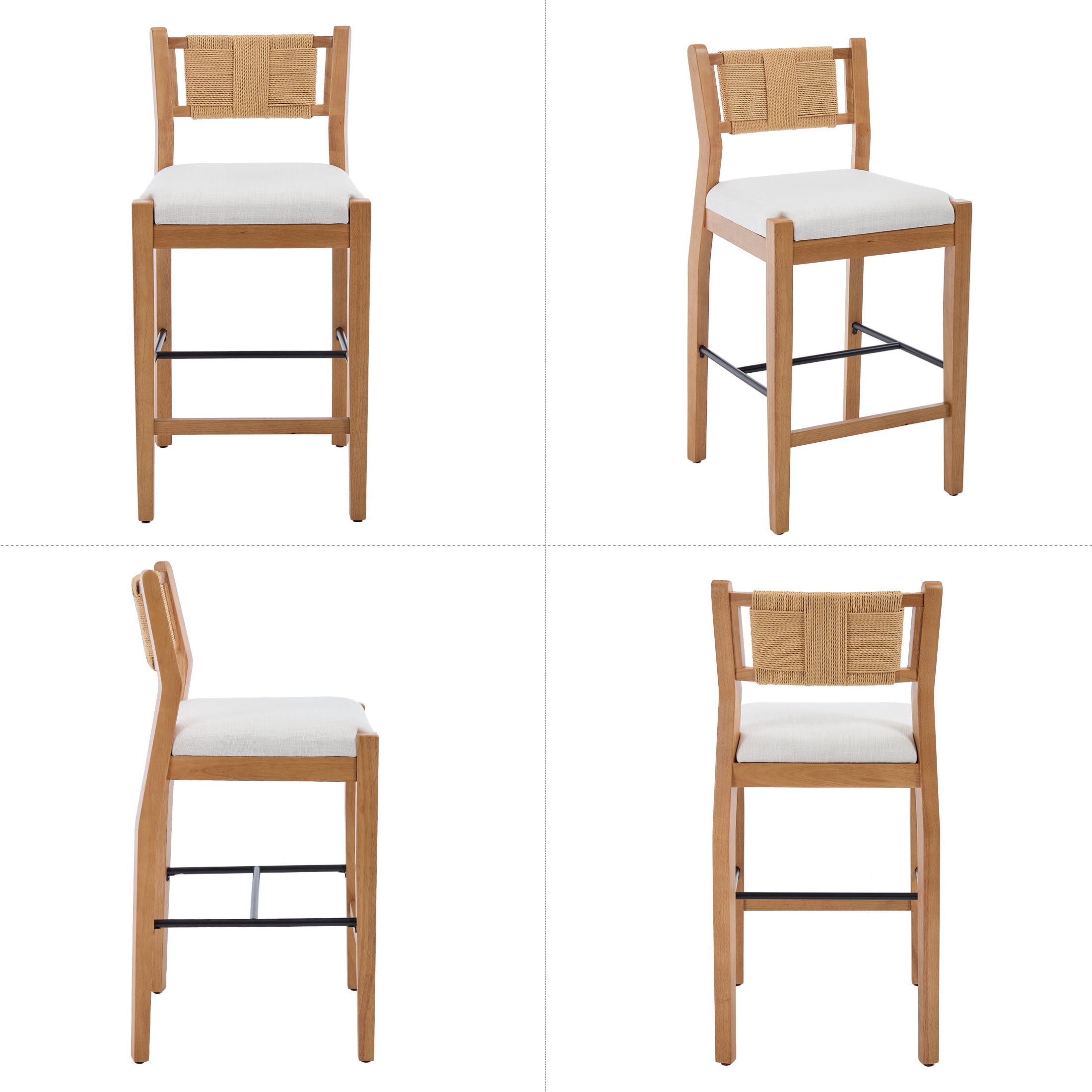 Guyou 26" Rattan Barstools Set of 4, Boho Solid Wood Counter Height Bar Stools, Linen Upholstered Kitchen Island Chairs for Dining Room Bar, Beige