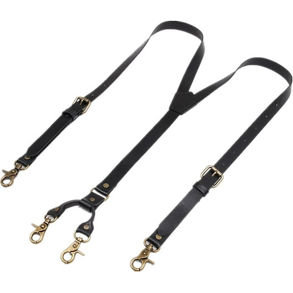 Leather Suspenders for Men Heavy Duty, Y Design with Hooks, Adjustable Mens Leather Braces Wedding & Party GZ-06 Black