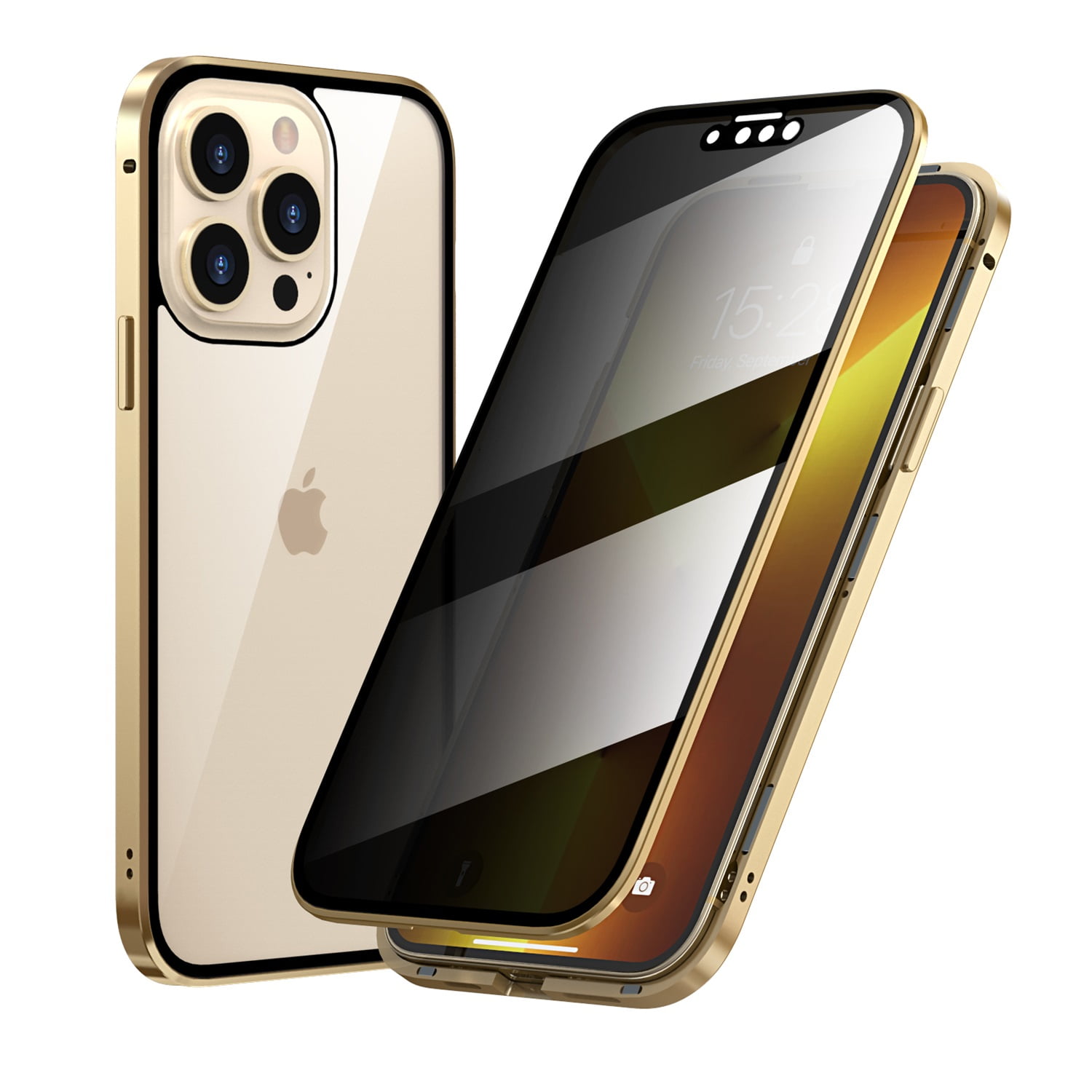 ELEHOLD for iPhone 14 Pro Max 6.7 inch 2022 Privacy Case, Anti-Peeping Glass Double Metal Side Clear Tempered Glass Back Protector Anti-Fall Shockproof Powerful Magnetic Slim Case, Gold