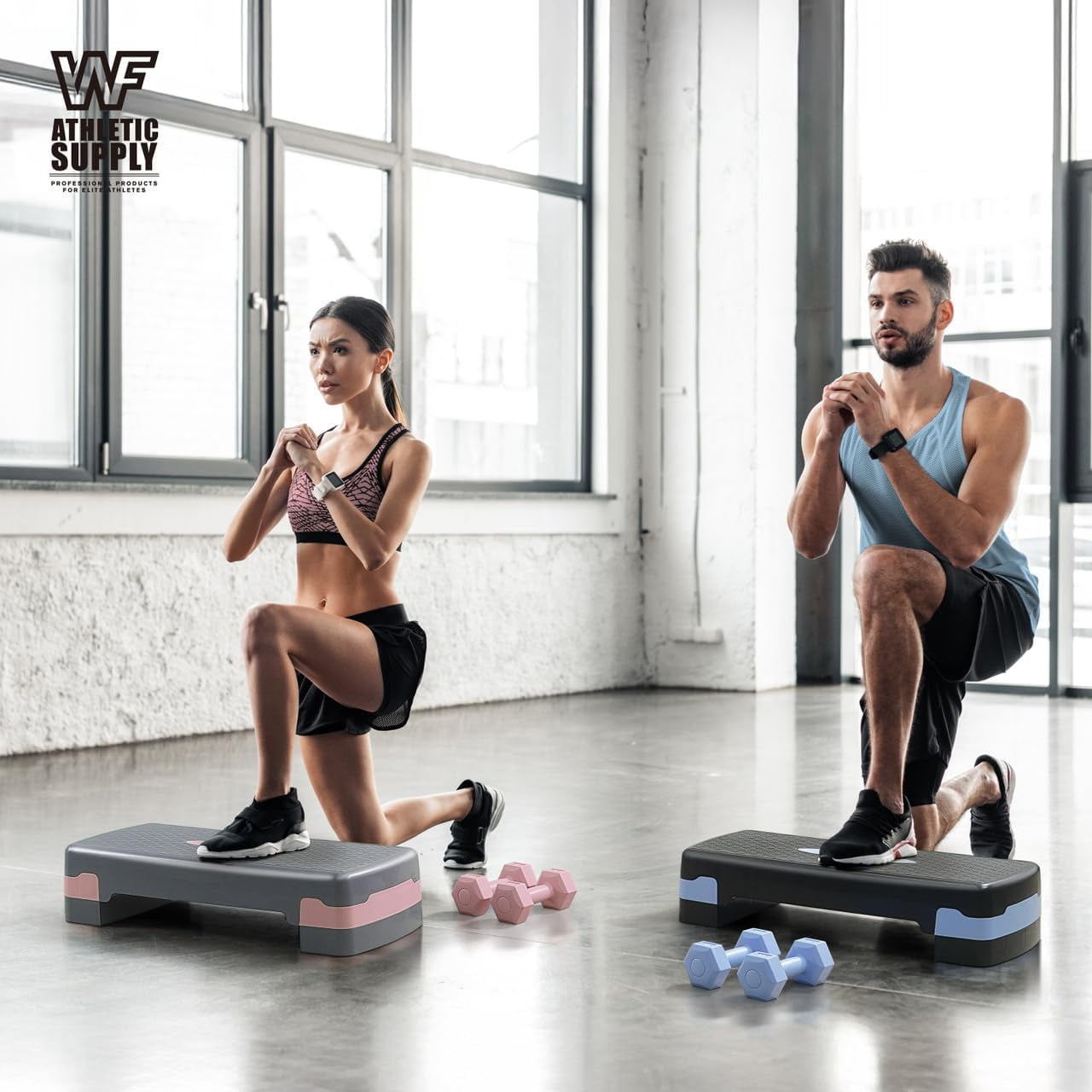 WF Athletic Supply Aerobic Stepper Set with Dumbbells & Measuring Tape, Adjustable Height 2 Level Risers Workout Exercise Step Platform Trainer for Home Gym Exercise Fitness Workout, Pink