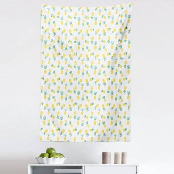 Hawaii Tapestry, Doodle Style Pineapple Hand Drawn Exotic Fruits Pattern Stripes and Dots, Fabric Wall Hanging Decor for Bedroom Living Room Dorm, 5 Sizes, Yellow and Sea Green, by Ambesonne