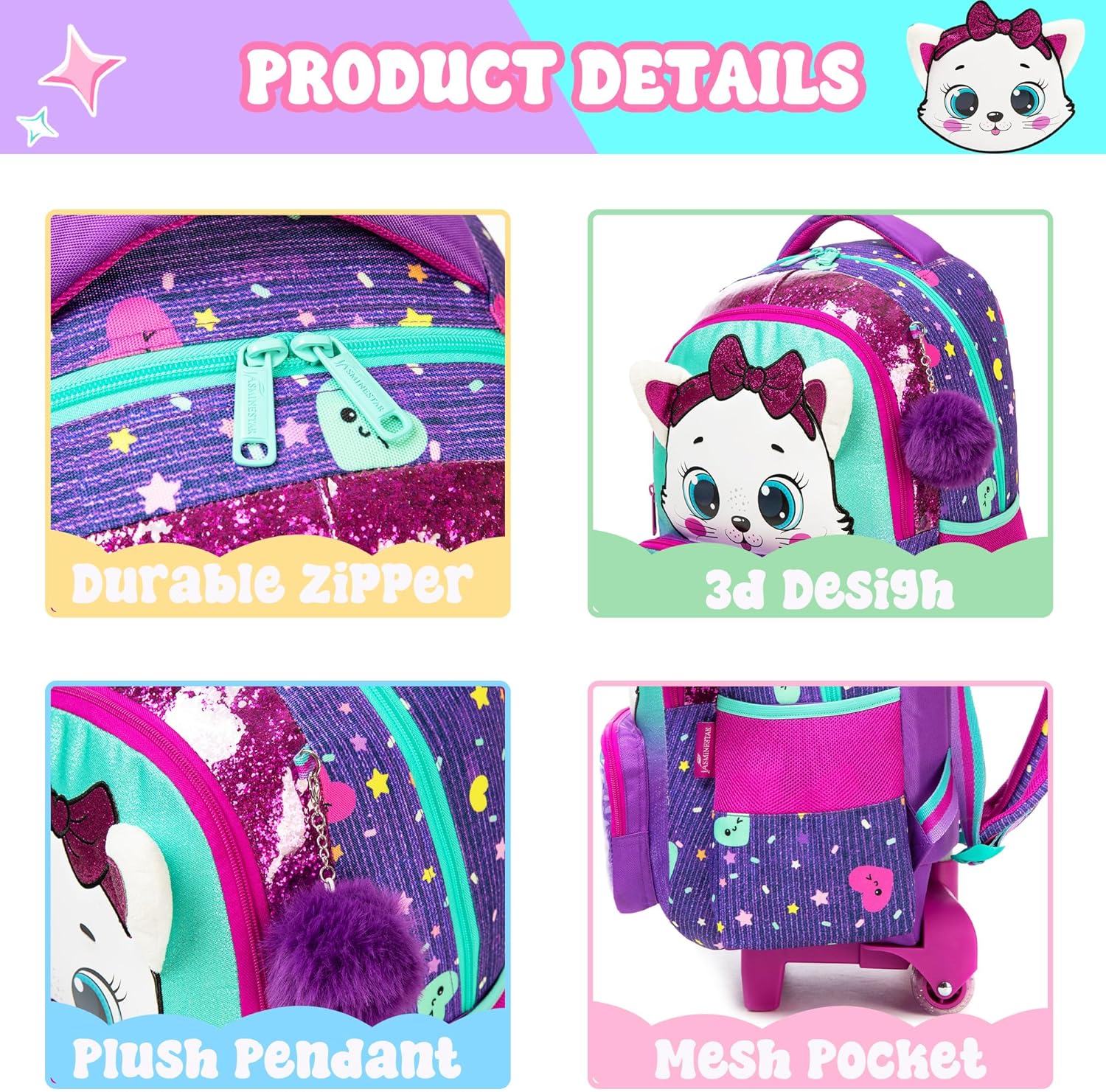 Rolling Backpacks for Girls School Bags Roller Kids Purple Backpack with Lunch Box Pencil Case for Elementary Students Bookbag Ages 6-12