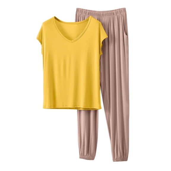 Posijego Two Piece Pajama Sets for Women Summer V Neck Short Sleeve Causal Shirt Jogger Pants Sleepwear Set with Pockets