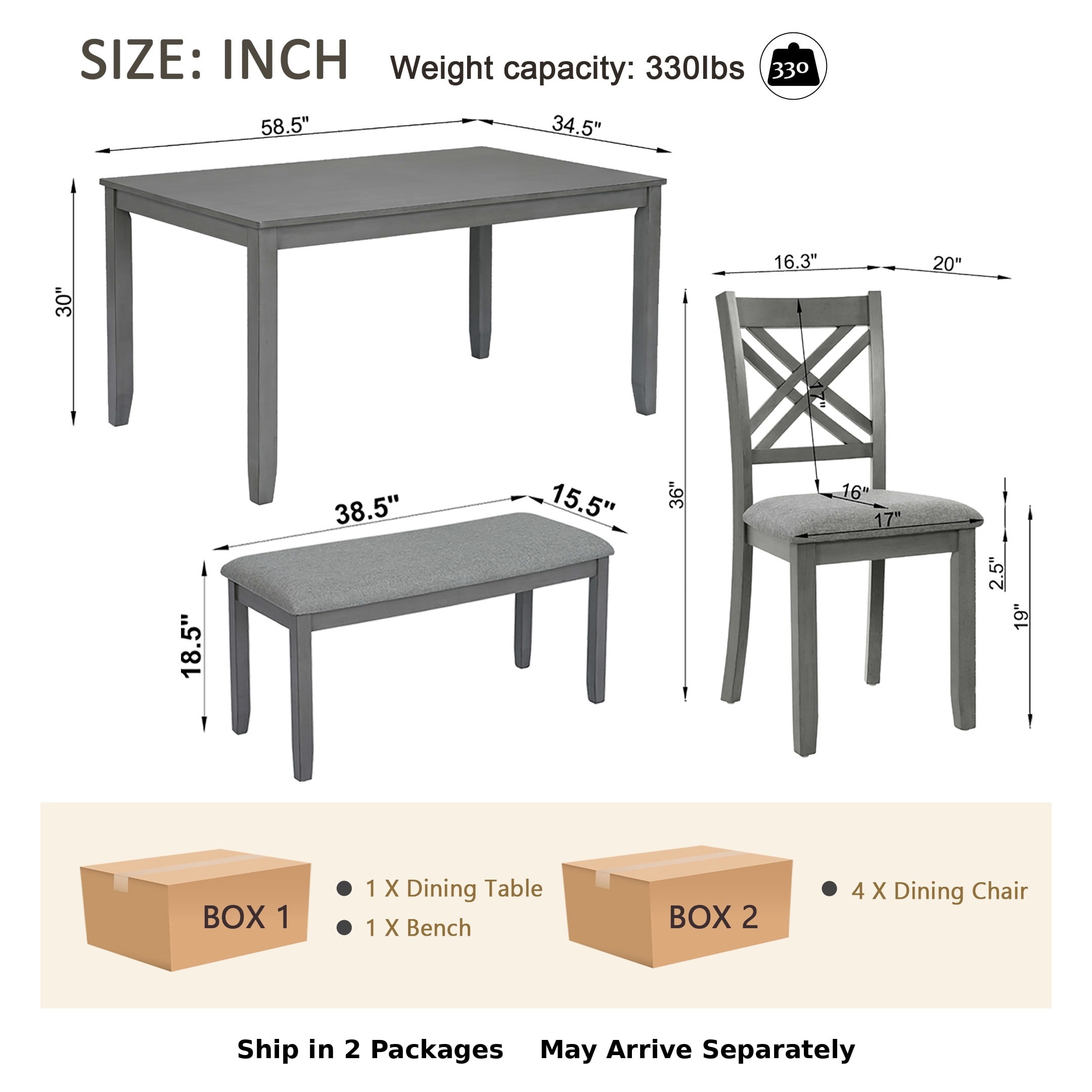 BSHTI 58.5" Acacia Wood & MDF 6-Piece Dining Table Set with Double X-Back Upholstered Chairs and Bench for Dining Room(Gray)
