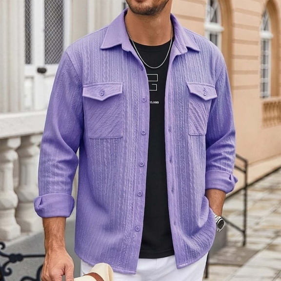 DPTALR Men's Casual Solid Color Turndown Collar Long Sleeve Shirt with Pockets,Purple,Big and Tall Men XL