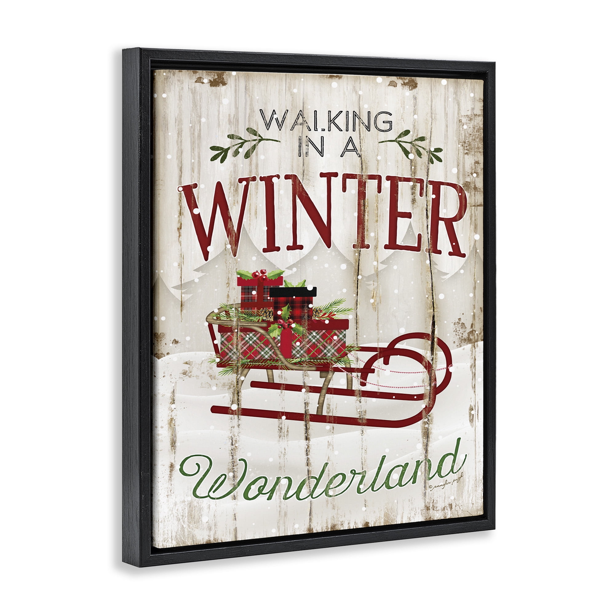 Stupell Industries Rustic Winter Wonderland Sleigh Holiday Painting Black Floater Framed Canvas Art Print Wall Art, 17 x 21