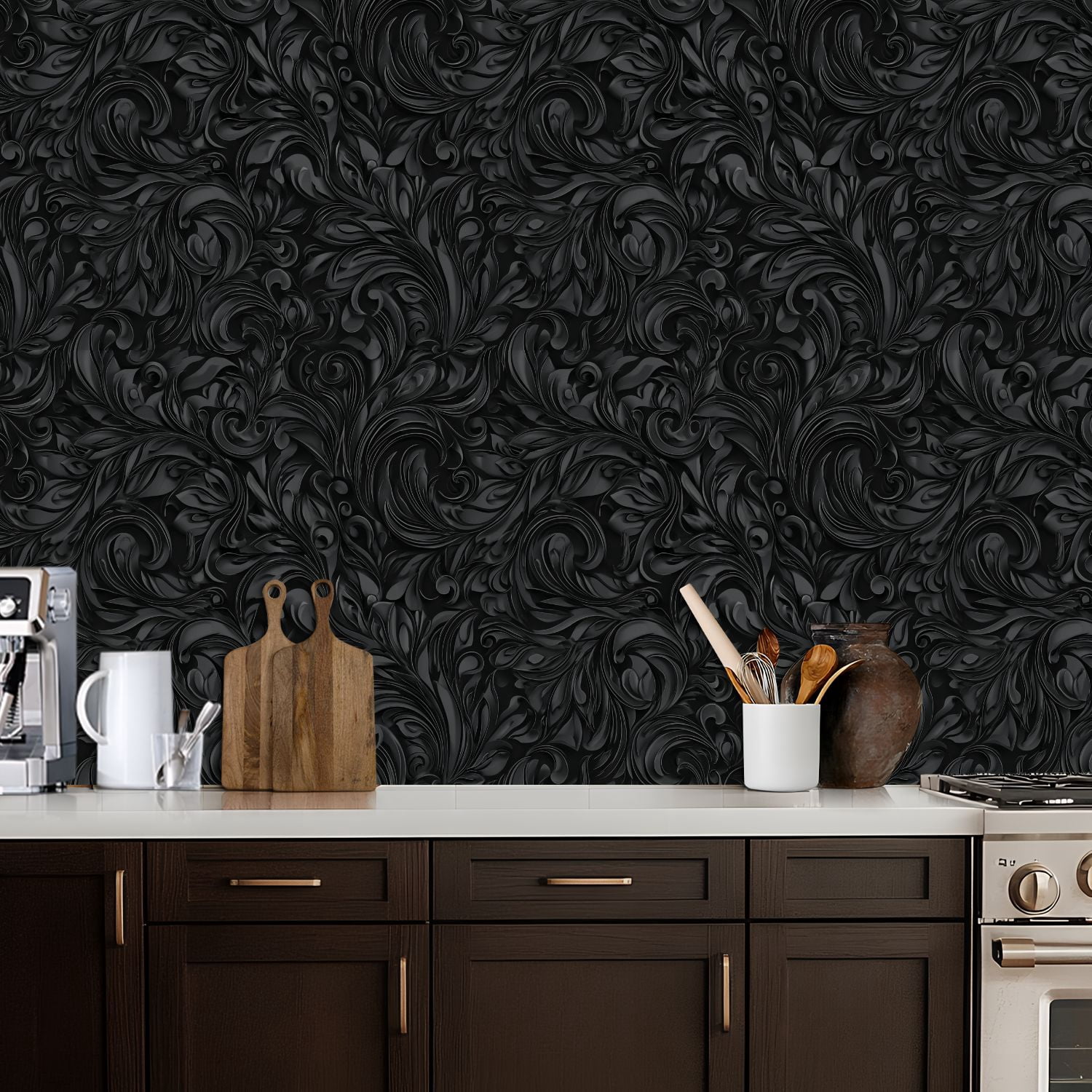Peel and Stick Wallpaper Black Gray Floral Embossed Swirling Curves Intricate Wall Mural 17.7in x 9.8ft Self Adhesive Removable Wall Paper Renter Friendly Wallpaper for Nursery Bedroom Cabinets