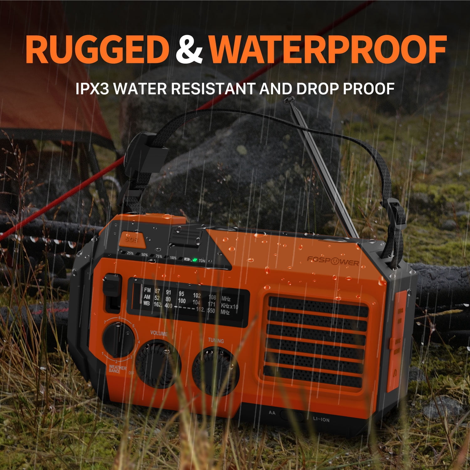 FosPower 5200mAh Solar Powered Emergency Weather Radio A6 with Hand Crank & LED Flashlight, Orange