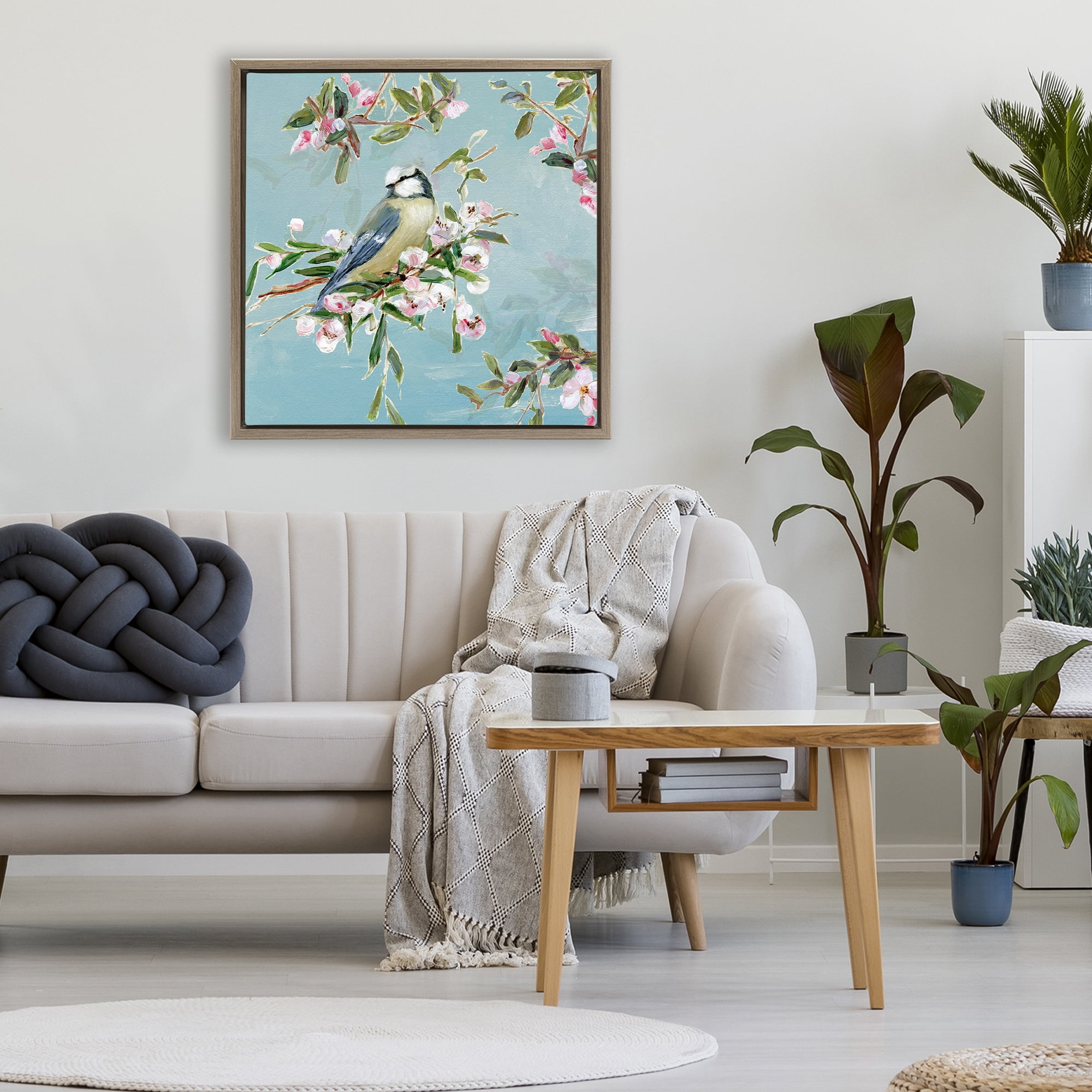 Stupell Industries Songbird Perched on Blooms Brown Framed Floater Canvas Wall Art, design by Sally Swatland