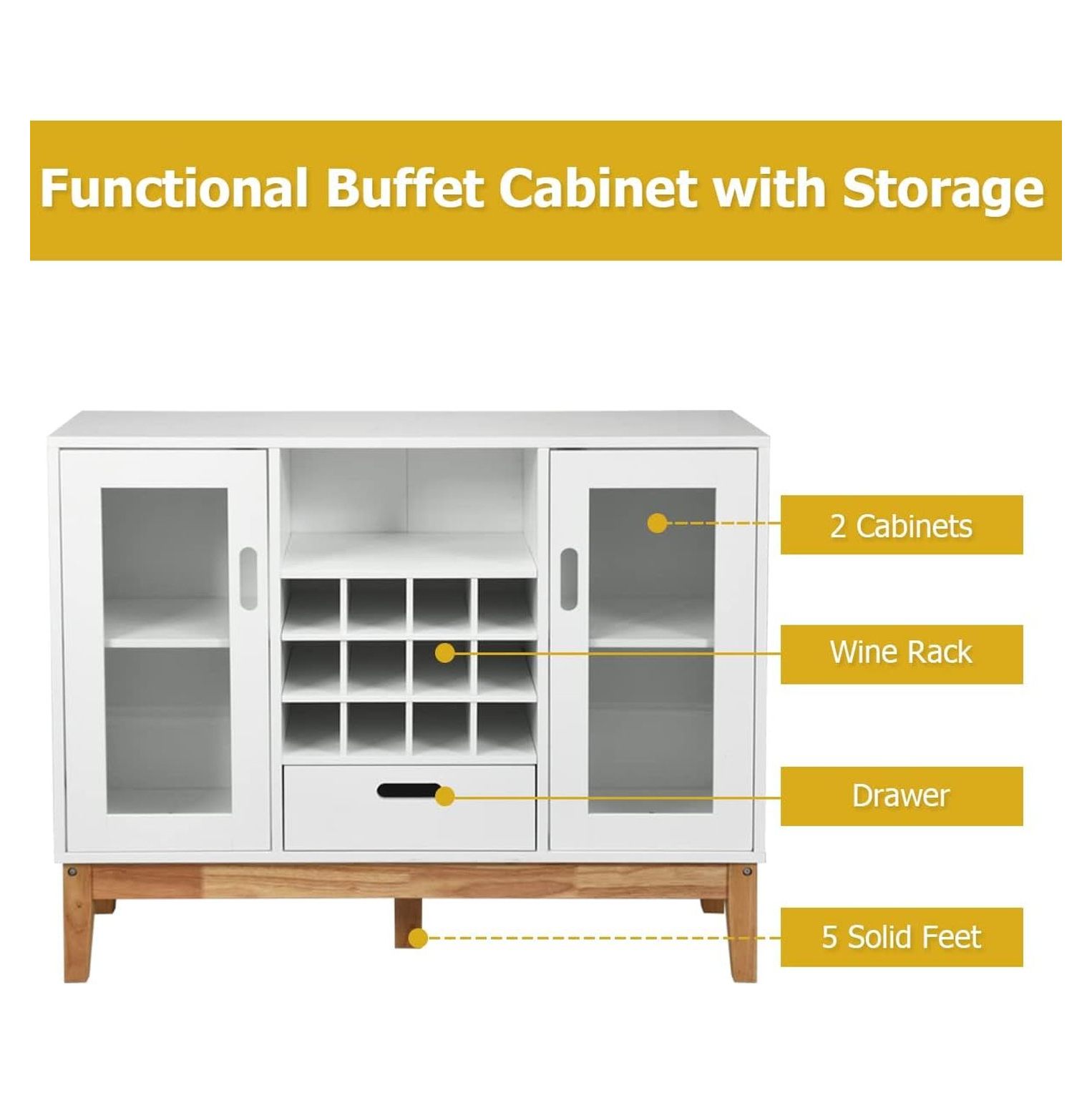 White Sideboard Buffet Storage Cabinet with Removable Wine Rack, Glass Doors, Open Shelf & Drawer, Wood Accent Console Table for Living Room, Entryway