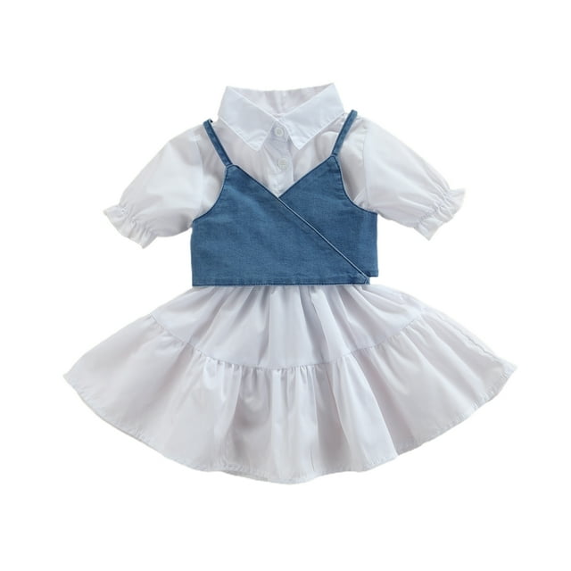 EYIIYE Robe à Manches Courtes pour Filles Tout-Petits + Gilet en Denim, Simple Bandage Ajustable