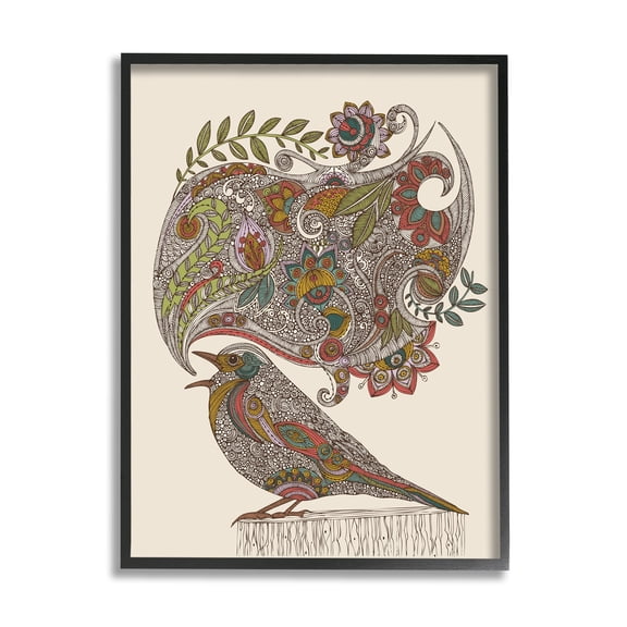 Stupell Industries Song Bird Complex Paisley Patterns Botanical Leaves Graphic Art Black Framed Art Print Wall Art, Design by Valentina Harper