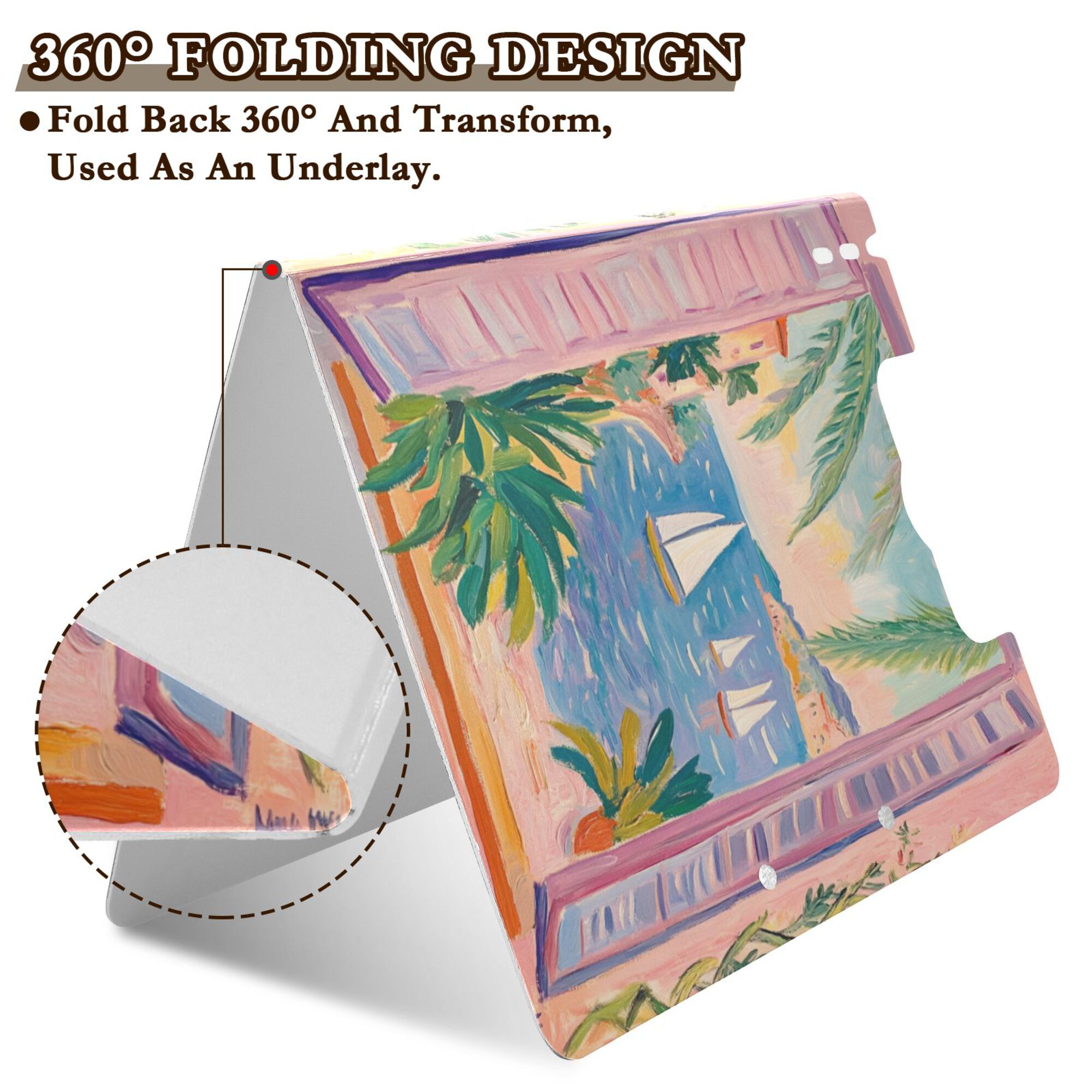 FORMRS A4 Clipboard Folder with Pen Holder Horizontal Foldable School Office Binder, Pink Seaside Boat