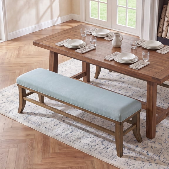 Finmind Solid Wood Upholstered Dining Bench, 55" Padded Long Bench for Kitchen, Modern Dining Room Bench, Gray and Brown