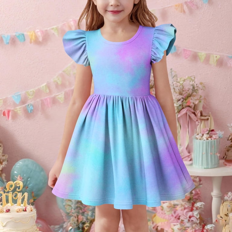 KSODFNXH Summer Dresses for Teen Girls Size 3-14 Kids Cute Ruffle Cap Sleeve Crewneck Pleated A-Line Tie-Dye Beach Midi Dress, Girl's, Size: 7 Years