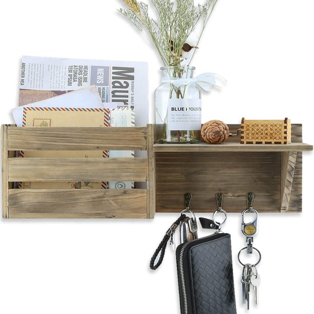 Josliki Key And Mail Holder Rustic Wooden Wall Mounted Envelope Organizer With 3 Hooks And Floating Shelf Farmhouse Hanger With Letter Bill Compartment For Decorative 17x5 8 Inch Walmart Com Walmart Com