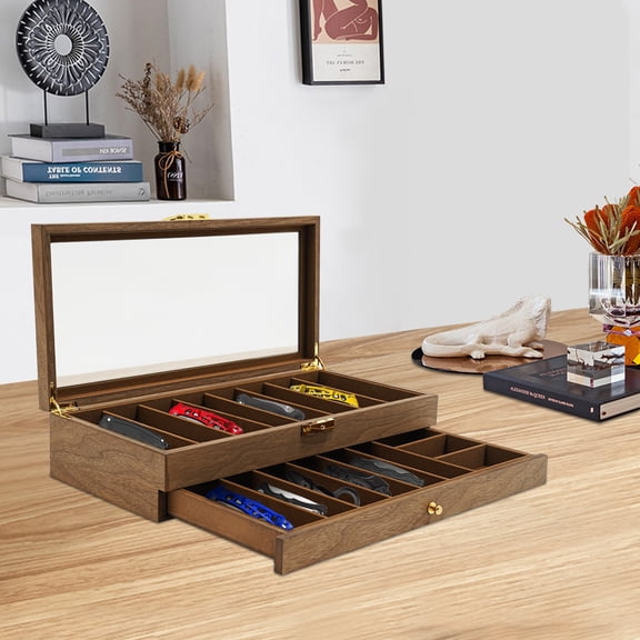 SENDERPICK 2-Tier Knife Storage Box with Glass Lid and Lock for Safe Display