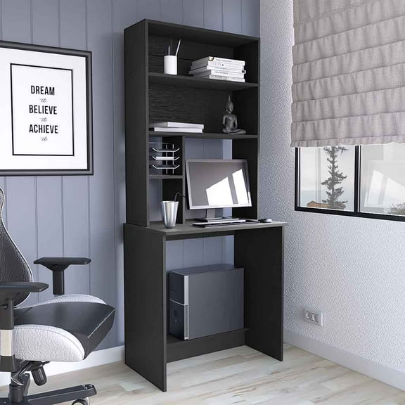 30 Inch Black Computer Hutch Desk with Five Shelves and Work Surface